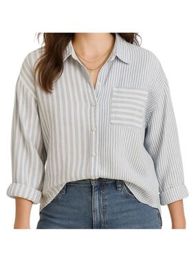 Nicole Miller Linen Button Up Shirt Size M Blue White Striped Collared Oversized